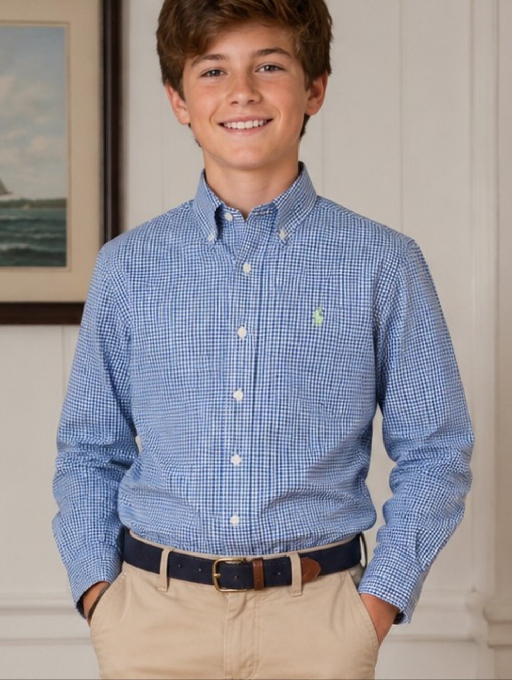 Kid's Ralph Lauren Long-Sleeve Button-Up Blue & White Gingham Preppy Academia L